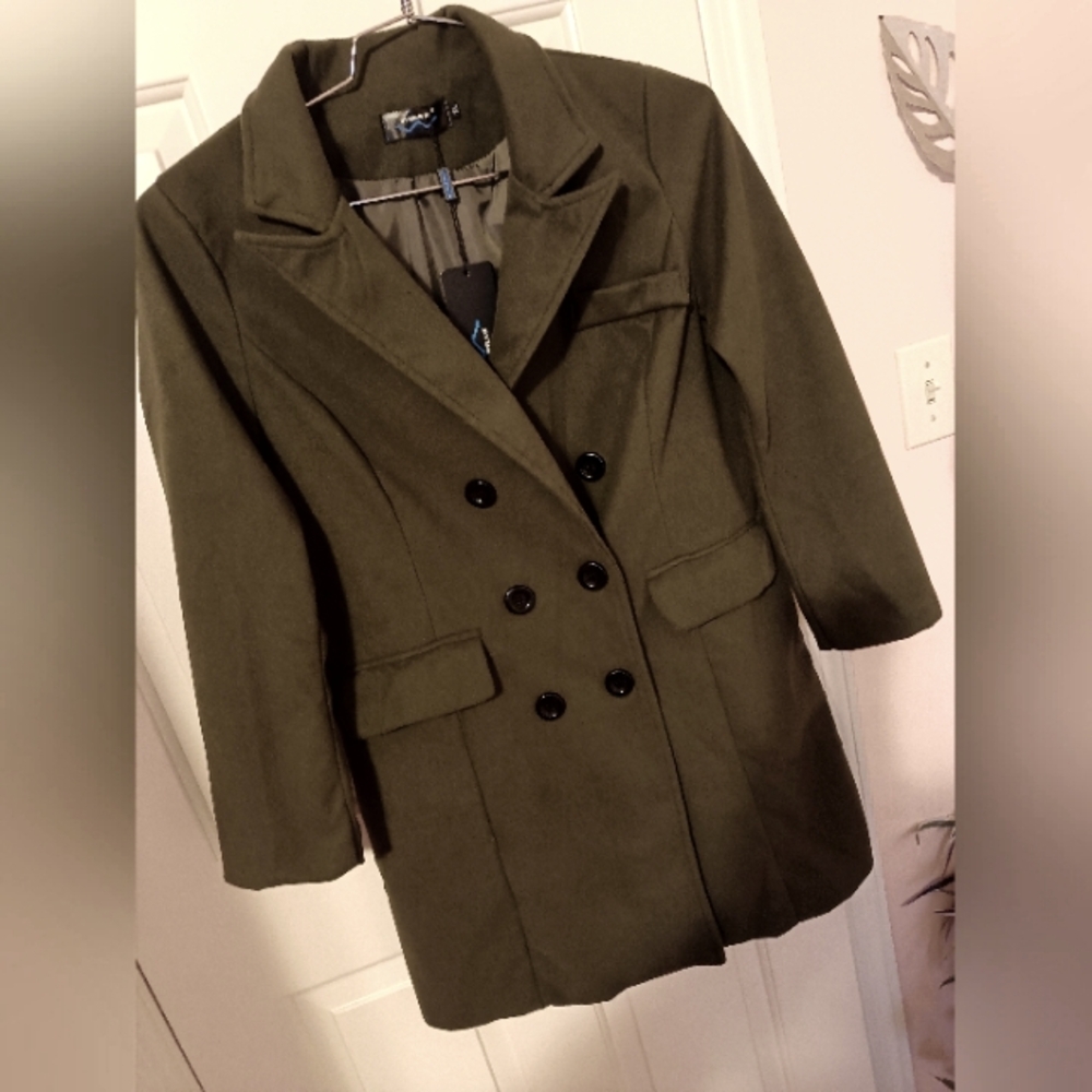 Olive Green Double-Breasted Women's Lightweight Coat, size L